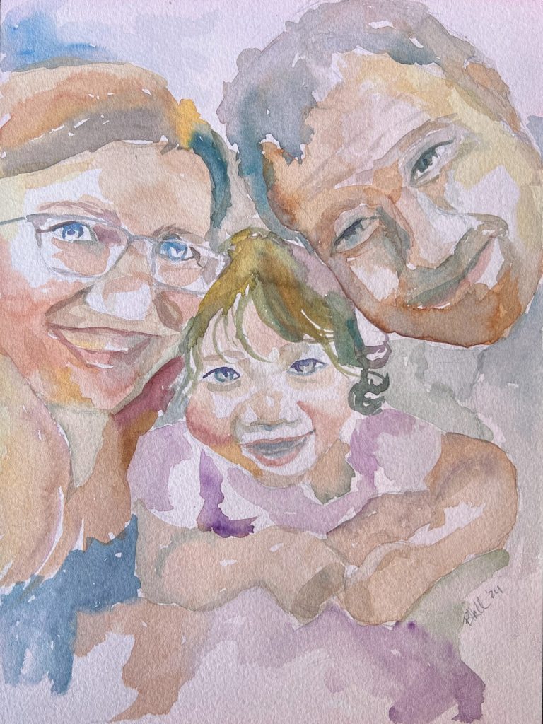 Watercolor portrait of a toddler and her parents. 