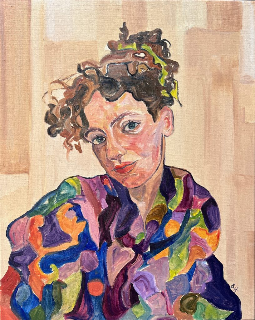 Painting of a woman in a colorful dress looking straight at the observer. 