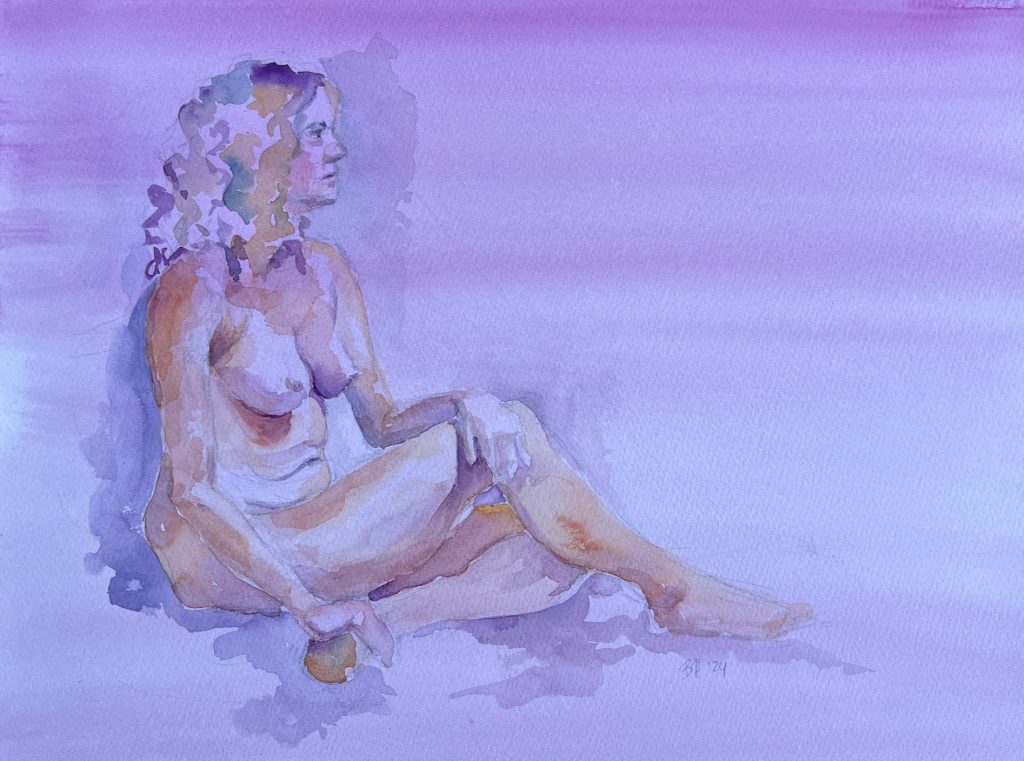 Watercolor figure painting with purple background.