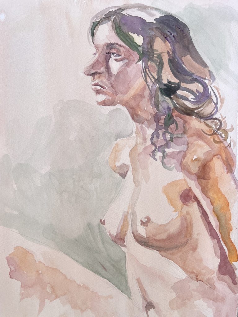 Figure study in watercolor of a young woman. 