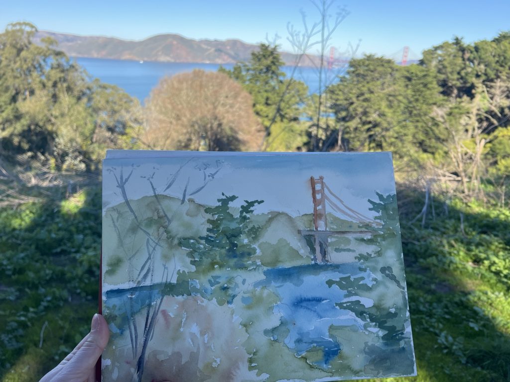 Watercolor painting of the Golden Gate Bridge, painted from the benches next to the Legion of Honor