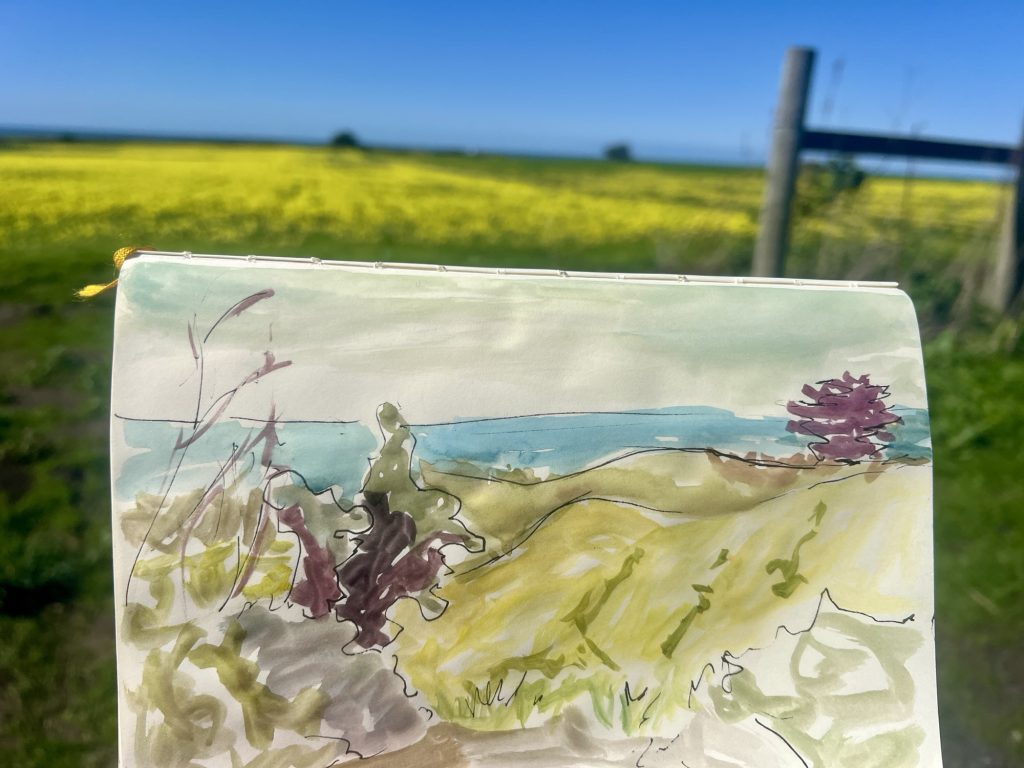 Watercolor of a field by the ocean in Half Moon Bay. 