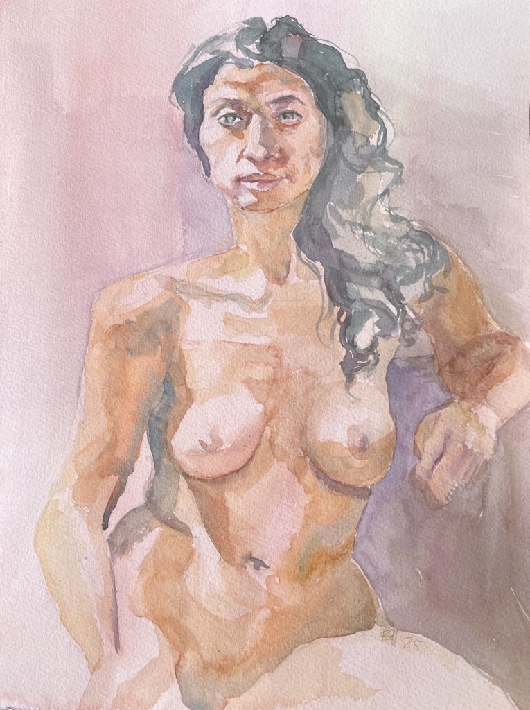 Watercolor figure painting of a woman.